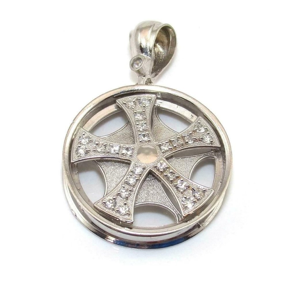 10K Gold Clear CZ Tire Rim Wheel Spinner Pendant